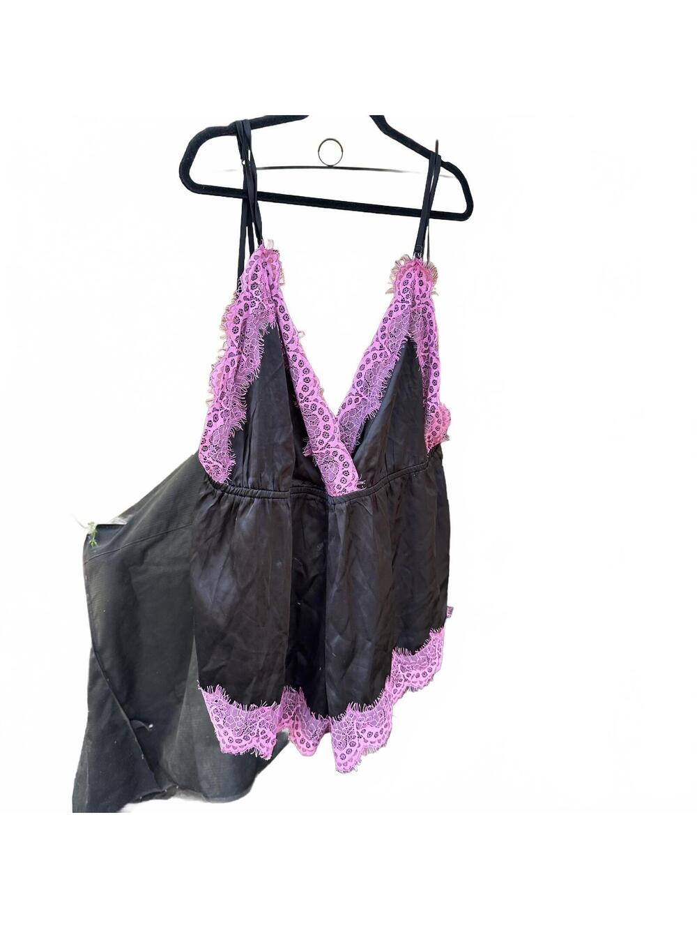 Boohoo Strappy Back Romper Black Satin Pink Lace Trim Romper Size 20